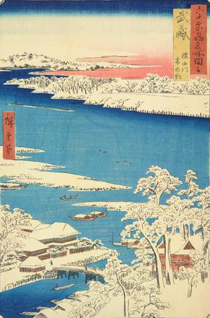 歌川広重: Snowy Morning on the Sumida River in Musashi Province, no. 16 from the series Pictures of Famous Places in the Sixty-odd Provinces - ウィスコンシン大学マディソン校