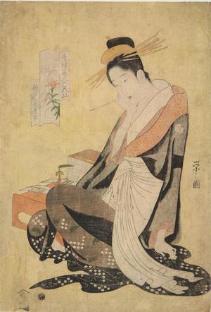 Hosoda Eishi: The Courtesan Morokoshi of the Echizen Establishment Seated by a Writing Table, Lily, from the series Six Beauties of the Licensed Quarters Compared with Flowers - University of Wisconsin-Madison