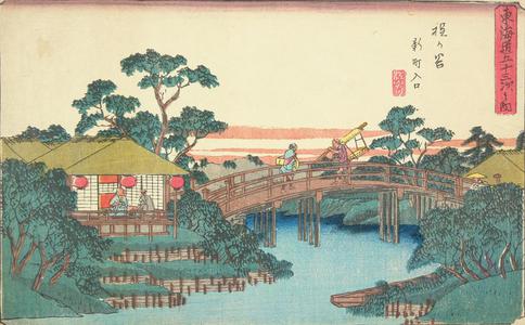 Utagawa Hiroshige: The Entrance to Shimmachi at Hodogaya, no. 5 from the series Fifty-three Stations of the Tokaido (Gyosho Tokaido) - University of Wisconsin-Madison