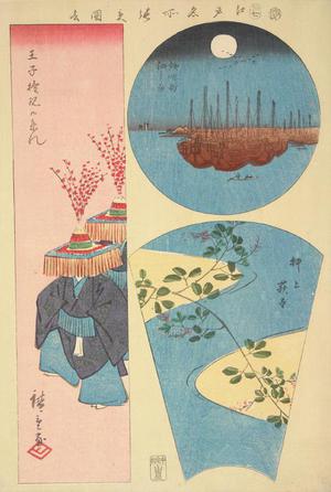 Utagawa Hiroshige: Dancers in the Festival of Oji Shrine, Ships Moored at Teppozu and Tsukuda Island, and Stream at the Hagidera in Oshiage, from the series Harimaze of Pictures of Famous Places in Edo - University of Wisconsin-Madison