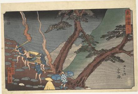 Utagawa Hiroshige: Traveling at Night with Torches at Hakone, no. 11 from the series Fifty-three Stations of the Tokaido (Marusei or Reisho Tokaido) - University of Wisconsin-Madison