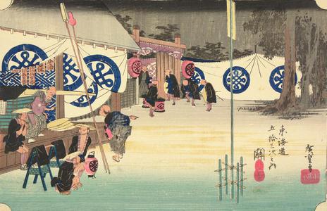 Utagawa Hiroshige: Early Departure from the Main Camp at Seki, no. 48 from the series Fifty-three Stations of the Tokaido (Hoeido Tokaido) - University of Wisconsin-Madison