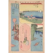 Utagawa Hiroshige: Ochanomizu, Souvenirs of the Shimmei Shrine Festival in Shiba, Bishamon Messenger at Atago Hill, and Benten Shrine at Susaki, from the series Harimaze of Pictures of Famous Places in Edo - University of Wisconsin-Madison