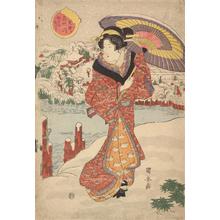 Utagawa Kuniyasu: Woman Standing in the Snow at the Tomb of Umewaka at Mokuboji, from the series Famous Places in the Eastern Capital - University of Wisconsin-Madison