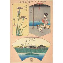 歌川広重: Iris at Horikiri Village, Teahouse at Takanawa, and Mitsumata and Nakazu, from the series Harimaze of Pictures of Famous Places in Edo - ウィスコンシン大学マディソン校