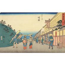 歌川広重: Shops Selling Arimatsu Tie-dyed Fabric at Narumi, no. 41 from the series Fifty-three Stations of the Tokaido (Marusei or Reisho Tokaido) - ウィスコンシン大学マディソン校