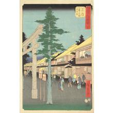 歌川広重: The First Entrance Gate to the Daimyojin Shrine at Mishima, no. 12 from the series Pictures of the Famous Places on the Fifty-three Stations (Vertical Tokaido) - ウィスコンシン大学マディソン校