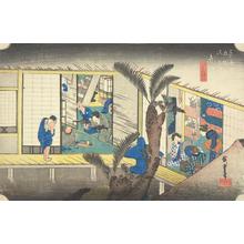 Utagawa Hiroshige: Travelers and Hostesses at an Inn at Akasaka, no. 37 from the series Fifty-three Stations of the Tokaido (Hoeido Tokaido) - University of Wisconsin-Madison