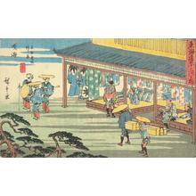 歌川広重: Shop Selling Tie-dyed Arimatsu Fabrics, a Famous Product of Narumi, no. 41 from the series Fifty-three Stations of the Tokaido (Gyosho Tokaido) - ウィスコンシン大学マディソン校