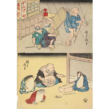 Utagawa Hiroshige: Nitta no Shiro Tadatsune at a Restaurant for Boar Meat, and Sato no Tadanobu Manipulating a Puppet of the Dancer Shizuka, from the series Comic Warriors for Children - University of Wisconsin-Madison