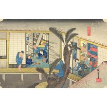 Utagawa Hiroshige: Travelers and Hostesses at an Inn at Akasaka, no. 37 from the series Fifty-three Stations of the Tokaido (Hoeido Tokaido) - University of Wisconsin-Madison