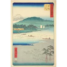 Utagawa Hiroshige: Distant View of Mt. Oyama from the Ferry on the Bannyu River near Hiratsuka, no. 8 from the series Pictures of the Famous Places on the Fifty-three Stations (Vertical Tokaido) - University of Wisconsin-Madison