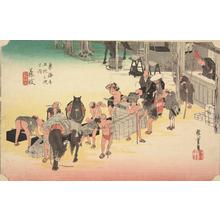 歌川広重: Changing Porters and Horses at Fujieda, no. 23 from the series Fifty-three Stations of the Tokaido (Hoeido Tokaido) - ウィスコンシン大学マディソン校