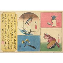 Utagawa Hiroshige: Panel of Calligraphy, Kingfisher Tea Pot, Loquat, and Abalone and Fish, from a series of Harimaze Prints - University of Wisconsin-Madison