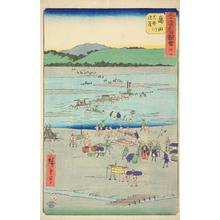 Utagawa Hiroshige: The Suruga Bank of the Oi River near Shimada, no. 24 from the series Pictures of the Famous Places on the Fifty-three Stations (Vertical Tokaido) - University of Wisconsin-Madison
