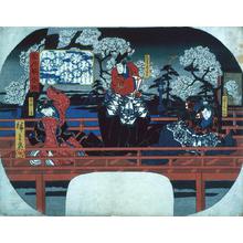 Utagawa Hiroshige: Asaina Saburo Glowering at Sagami Jiro and Matsushima by Cherry Trees, from the series Ancient Tales in Snow, Moon, and Flowers - University of Wisconsin-Madison