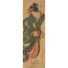 渓斉英泉: Young Woman Holding Her Hem from Blowing Open in a Breeze - ウィスコンシン大学マディソン校