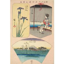 歌川広重: Iris at Horikiri Village, Teahouse at Takanawa, and Mitsumata and Nakazu, from the series Harimaze of Pictures of Famous Places in Edo - ウィスコンシン大学マディソン校