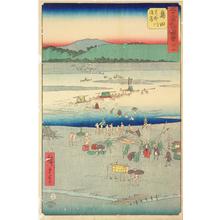 Utagawa Hiroshige: The Suruga Bank of the Oi River near Shimada, no. 24 from the series Pictures of the Famous Places on the Fifty-three Stations (Vertical Tokaido) - University of Wisconsin-Madison
