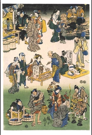 Utagawa Hiroshige: Prosperous Joruri District (Street Vendors and Customers in a Busy Market) - Edo Tokyo Museum
