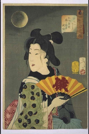 Tsukioka Yoshitoshi: Thirty-Two Daily Scenes: 'Looks Good', Mannerisms of a Pleasure Quarter Geisha from the Kyoka Period - Edo Tokyo Museum