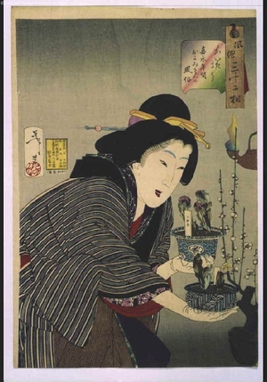 月岡芳年: Thirty-Two Daily Scenes: 'Looks Interested in Buying', Mannerisms of a Housewife from the Kaei Period - 江戸東京博物館