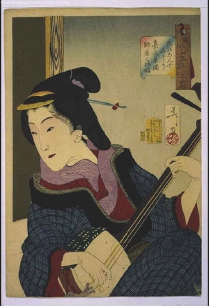 Japanese Print "Thirty-Two Daily Scenes: 'Looks Amused', Mannerisms of a Music Teacher from the Kaei Period" by Tsukioka Yoshitoshi, 月岡芳年 (TSUKIOKA Yoshitoshi)