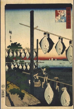 二歌川広重: One Hundred Views of Famous Places in the Provinces: Drying Flounders, Wakasa - 江戸東京博物館