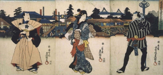 歌川国貞: Unveiling of the Jizo of Nojima, Saitama-gun, Province of Musashi, in the Precincts of the Yushima Tenjin Shrine - 江戸東京博物館