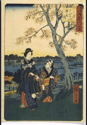 Utagawa Hiroshige: Famous Views of Annual Events in the Eastern Capital: Plum Blossom Viewing Along the Sumida in the Third Month - Edo Tokyo Museum