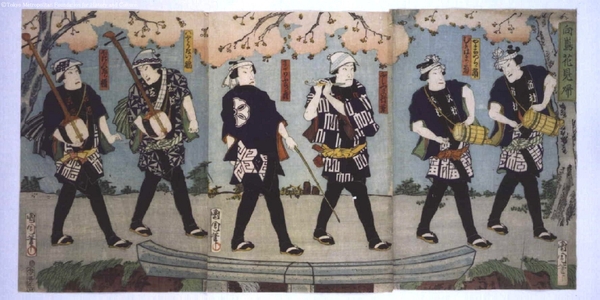 豊原国周: Men Returning from Cherry Blossom Viewing in Mukojima - 江戸東京博物館