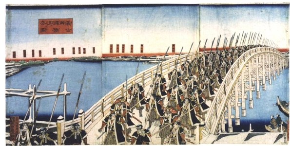 Utagawa Sadahide: The Loyal Retainers Crossing Ryogoku Bridge, from Chushingura - Edo Tokyo Museum