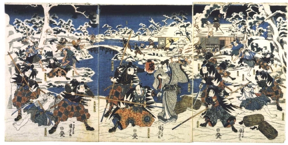 Utagawa Kuniyoshi: Chushingura: The Attack, at the Pond in Moronao�fs Garden - Edo Tokyo Museum