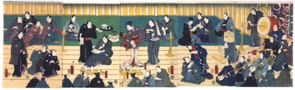 Utagawa Toyokuni (UTAGAWA Toyokuni III)による浮世絵「Rehearsal by Performers from the Three Kabuki Theaters」