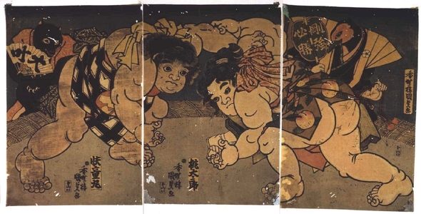 Utagawa Kunisada, 歌川国貞 (UTAGAWA Kunisada)による浮世絵「Sumo: Momotaro Wrestles Budomaru」