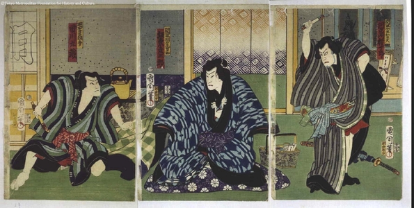 Toyohara Kunichika: Kawarazaki Gonjuro as Nio Nidayu, Bando Hikosaburo as Akashi Shiganosuke, and Ichikawa Kuzo as Asagiri - Edo Tokyo Museum