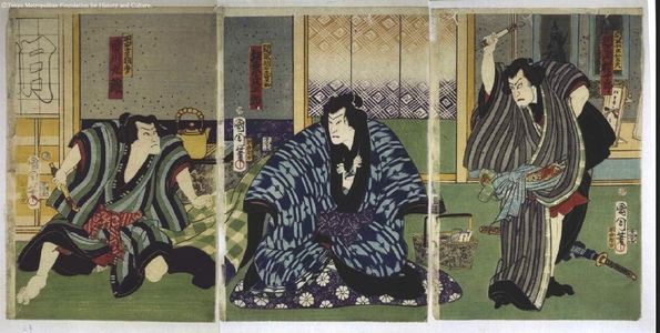 Toyohara Kunichika, 豊原国周 (TOYOHARA Kunichika)による浮世絵「Kawarazaki Gonjuro as Nio Nidayu, Bando Hikosaburo as Akashi Shiganosuke, and Ichikawa Kuzo as Asagiri」