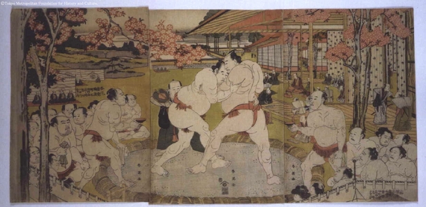 KATSUKAWA Syunnei: Sumo Stalemate and Pause for Water at a Match at a Daimyo�fs Residence - Edo Tokyo Museum
