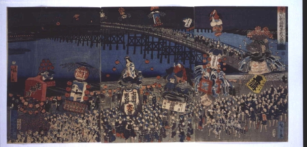 二歌川広重: Pilgrims to Mt. Minobu and New Ohashi Bridge - 江戸東京博物館