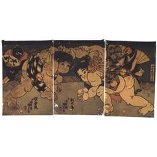 Utagawa Kunisada, 歌川国貞 (UTAGAWA Kunisada)创作的日本版画《Sumo: Momotaro Wrestles Budomaru》