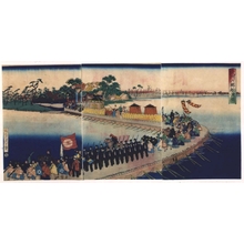 Tsukioka Yoshitoshi: Pontoon Bridge Built at Rokugo, Musashi, for the Emperor�fs Crossing of the Tama River - Edo Tokyo Museum