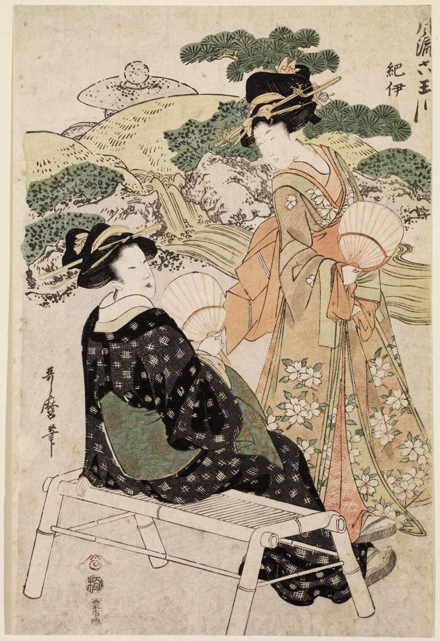 Kitagawa Utamaro: Two Women with Fans beside a Stream, from the series ...