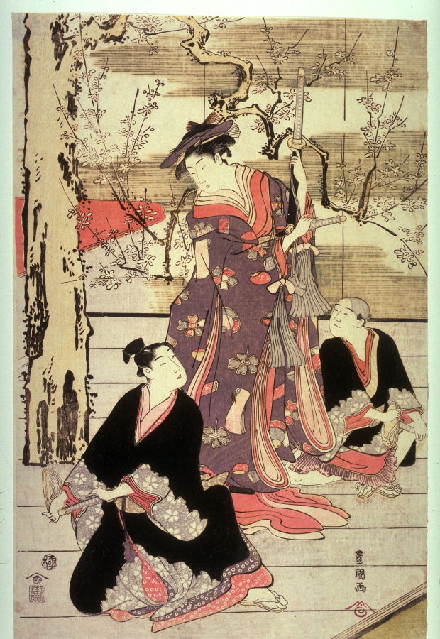 Utagawa Toyokuni I: Three Dancers on a Stage, panel from a pentaptych ...