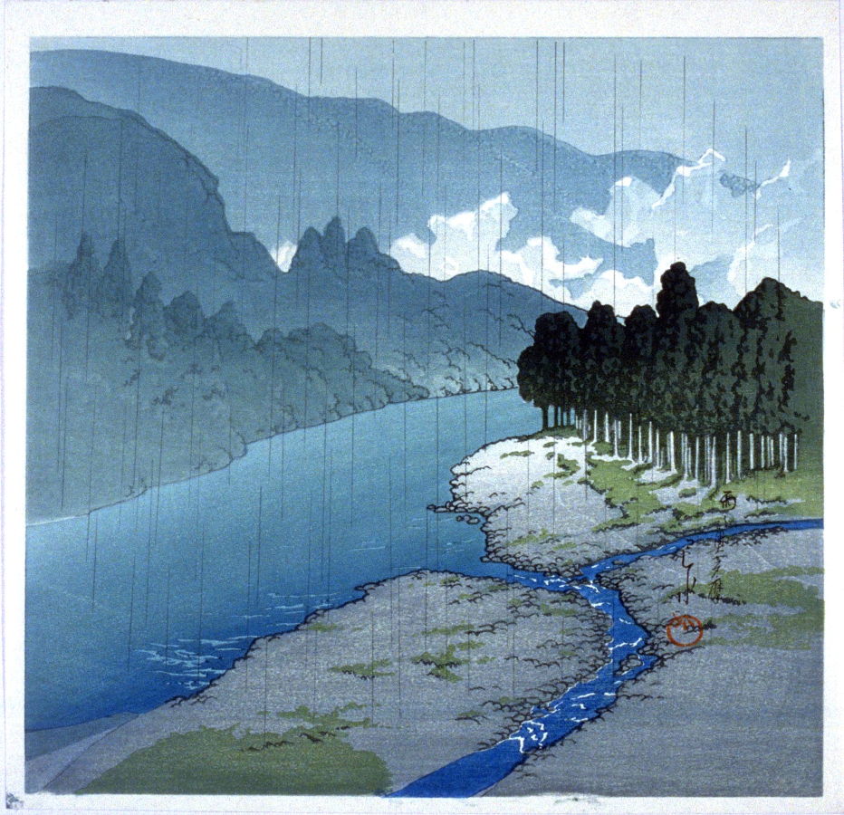 川瀬巴水: Rain At Okutama River - 雨の奥多摩 - Ohmi Gallery 