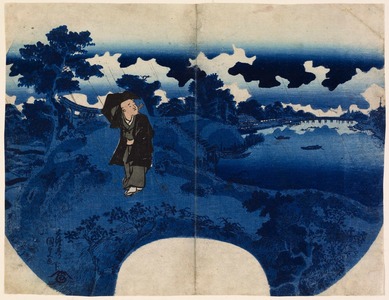 歌川国貞: The Poet Kikaku Walking along the Mimeguri Embankment in Rain - Legion of Honor