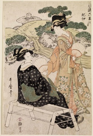 Estampe japonaise "Two Women with Fans beside a Stream, from the series The Six Elegant Tama Rivers" par Kitagawa Utamaro, 喜多川歌麿 (Kitagawa Utamaro)