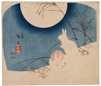 歌川広重: Two Rabbits, Pampas Grass, and Full Moon - Legion of Honor