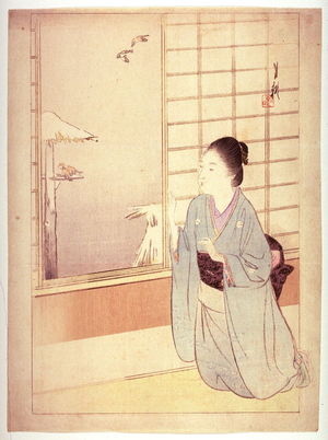 Gekko: Untitled frontispiece from a novel (Young woman kneeling by window...), - Legion of Honor