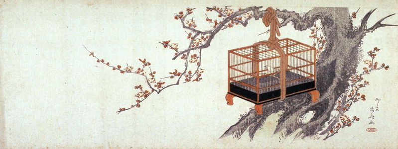 柳々居辰斎: [Caged warbler on plum tree] - Legion of Honor