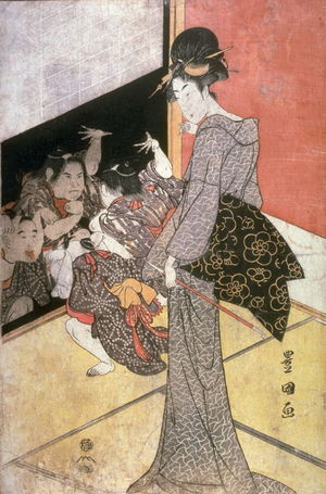 歌川豊国: Woman Watching Two Boys Making Faces, panel of a diptych - Legion of Honor